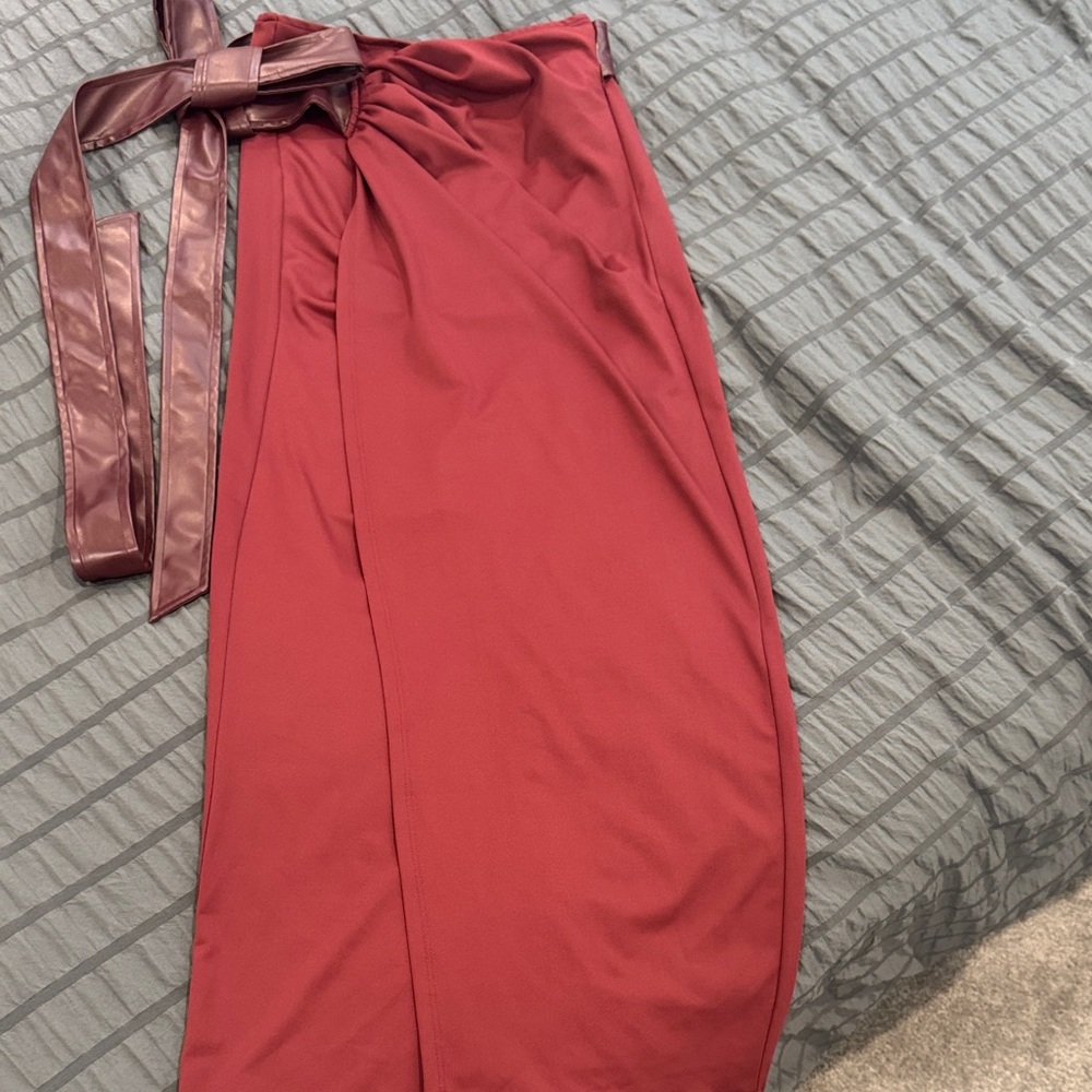 Commense Burgundy Maxi Wrap Skirt with Pleather Waist Tie